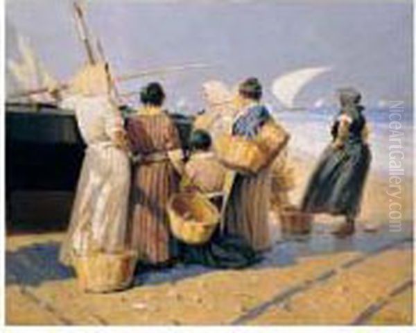 Pescadoras En La Playa (fisherwomen On The Beach) Oil Painting by Enrique Martinez Cubells y Ruiz