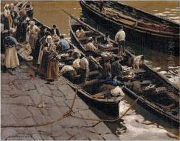 La Vuelta De La Pesca (returning From The Catch) Oil Painting by Enrique Martinez Cubells y Ruiz