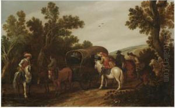 A Wooded Dune Landscape With Bandits Holding Up A Covered Wagon Oil Painting by Jan the Younger Martszen