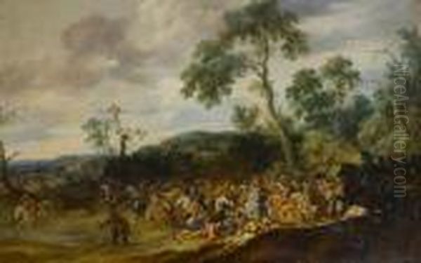 An Extensive Landscape With A Cavalryengagement And Heavily Armoured Cavalry Beyond Oil Painting by Jan the Younger Martszen