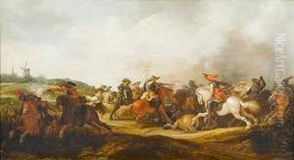 A Cavalry Skirmish With A Windmill Beyond Oil Painting by Jan the Younger Martszen