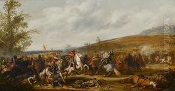 An Extensive Landscape With A 
Cavalry Skirmish, An Officer On A White Charger At The Centre Oil Painting by Jan the Younger Martszen