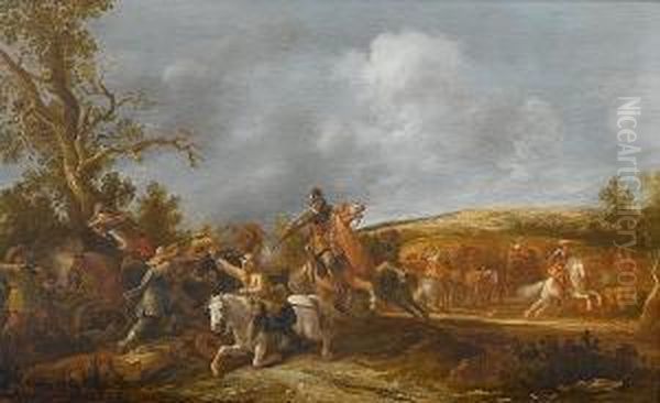 Travellers Ambushed On A Country Path With A Gentleman On A White Charger Being Shot Oil Painting by Jan the Younger Martszen