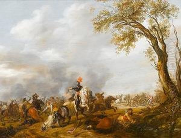 A Cavalry Skirmish With An Officer On A Rearing Horse Oil Painting by Jan the Younger Martszen