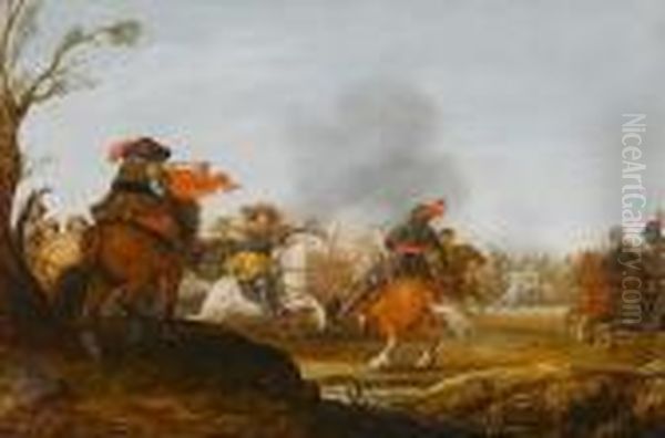 A Cavalry Battle With A Trumpeter On A Bank In The Foreground Oil Painting by Jan the Younger Martszen