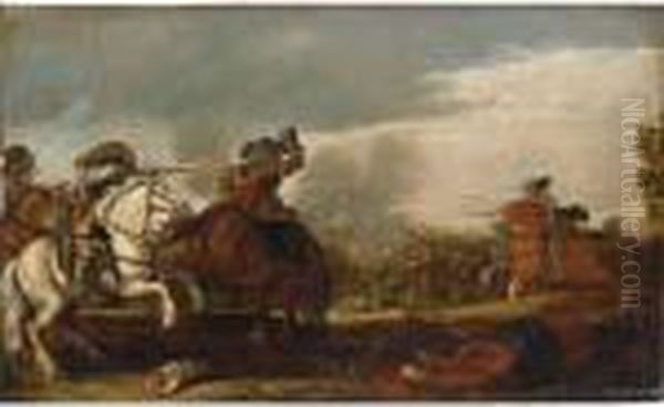 A Cavalry Battle Scene Oil Painting by Jan the Younger Martszen