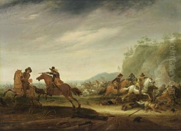 A Cavalry Battle Oil Painting by Jan the Younger Martszen