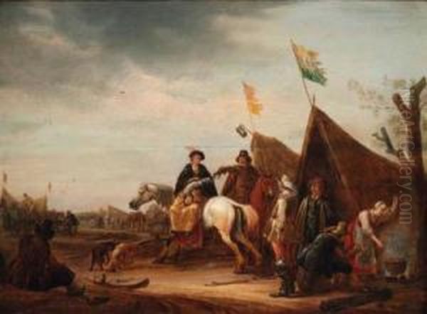 A Military Encampment With A Lady On Horseback Before A Tent Oil Painting by Jan the Younger Martszen