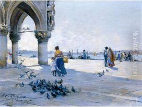 Dando De Comer A Las Palomas, Venecia (feeding The Pigeons, Venice) Oil Painting by Arcadio Mas Y Fondevila