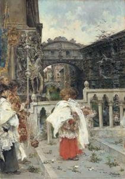 A Procession Before The Bridge Of Sighs Oil Painting by Arcadio Mas Y Fondevila