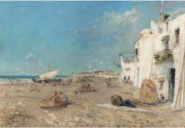 Pueblo Pesquero (fishing Village) Oil Painting by Arcadio Mas Y Fondevila