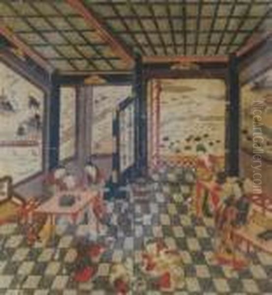 Figures At Leisure In An Interior Oil Painting by Okumura Masanobu