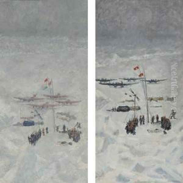 Conquest Of The North Pole, Pair Of Paintings Oil Painting by Ilya Ivanovich Mashkov