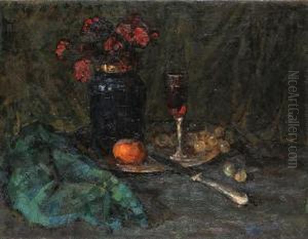 Still-life With Orange And Wine-glass Oil Painting by Ilya Ivanovich Mashkov