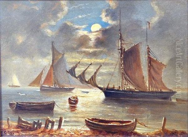 Sailing Boats And Rowing Boats Under Moonlight Oil Painting by Christopher Mark Maskell