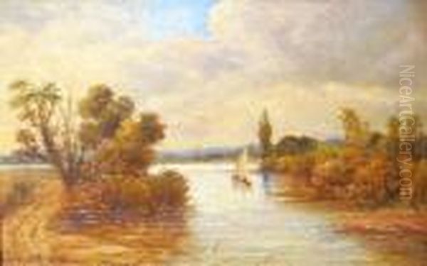 Lone Sailing Boat On An East Anglian River Oil Painting by Christopher Mark Maskell