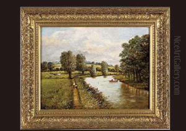 Figures By Canal Oil Painting by Christopher Mark Maskell