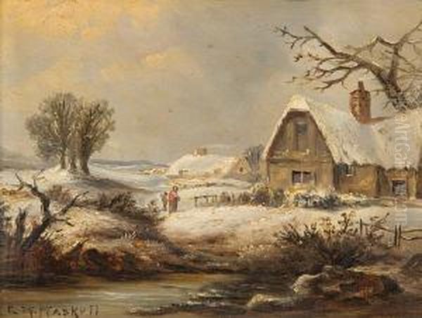 Figures In A Wintry Landscape Oil Painting by Christopher Mark Maskell