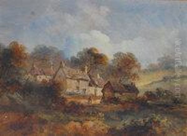 M Mascall - Landscape Scene With Cottages And Figure Oil Painting by Christopher Mark Maskell