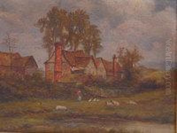 M Mascall - Farmstead With Livestock And Figure Oil Painting by Christopher Mark Maskell