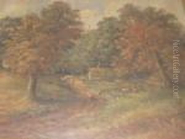 Rural Landscape Scene With Figures, Farm Animals And Cottage Oil Painting by Christopher Mark Maskell