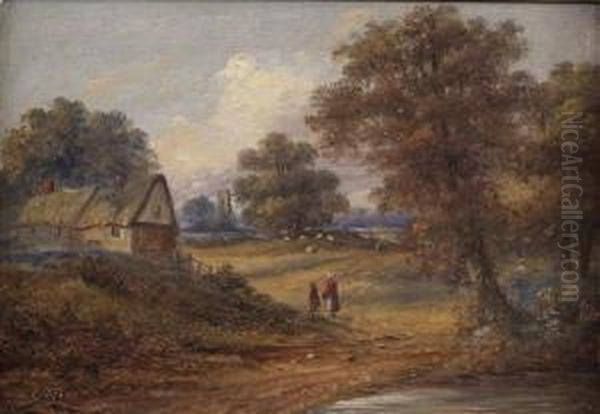 A Rural Scenewith Figures By A Cottage Oil Painting by Christopher Mark Maskell