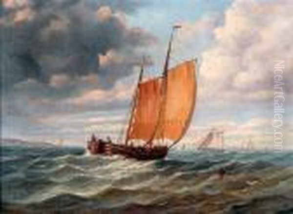 Boats Off The Coast In A Choppy Sea Oil Painting by Christopher Mark Maskell