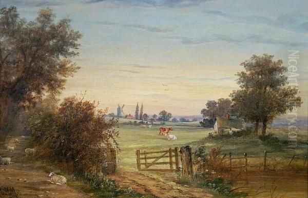 Sheep And Cattle In A Landscape Oil Painting by Christopher Mark Maskell