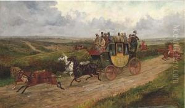 The London To Norwich Coach With A Hunt Beyond Oil Painting by George Finch Mason