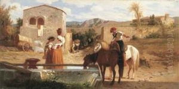 A Drinking Fountain In The Campagna Oil Painting by George Hemming Mason