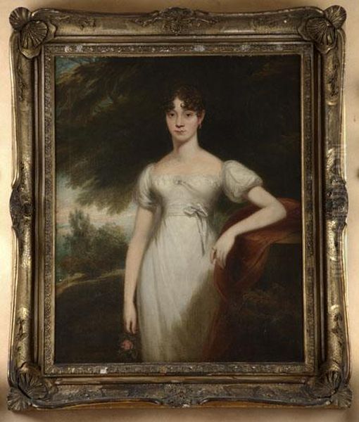 Three Quarter Length Portrait Of A Young Woman In White Dressholding A Rose Oil Painting by John James Masquerier