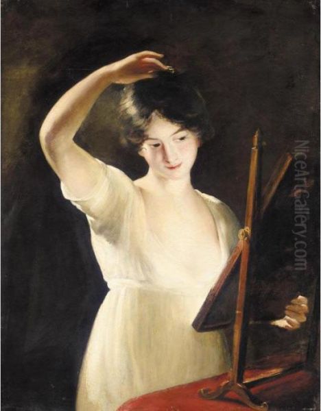 A Girl Looking At Herself In The Mirror Oil Painting by John James Masquerier