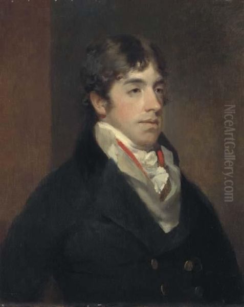 Portrait Of A Gentleman, Bust-length, In A Navy Coat Oil Painting by John James Masquerier