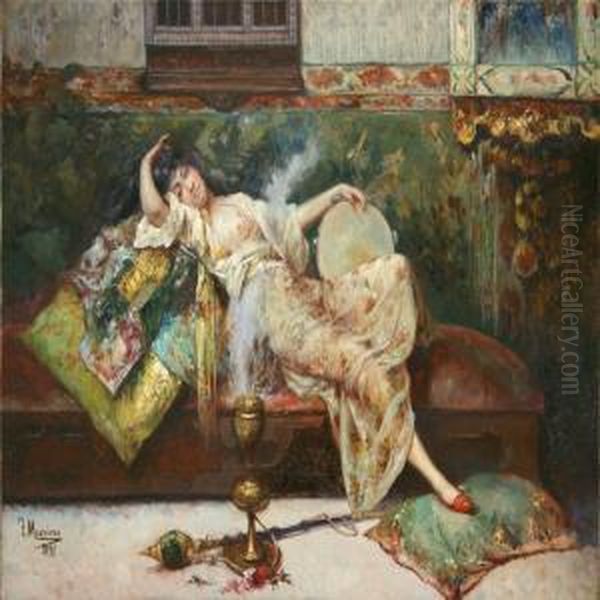 Interior With Young Oriental Woman Oil Painting by Francisco Masriera y Manovens