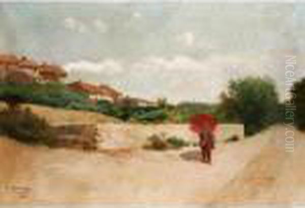 Landscape With A Figure Holding A Red Umbrella Oil Painting by Francisco Masriera y Manovens