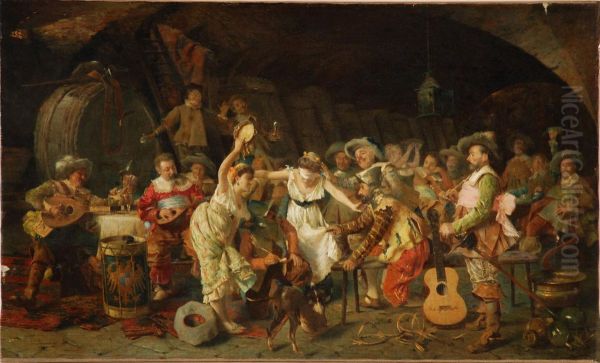 Festa In Taverna Oil Painting by Pompeo Massini