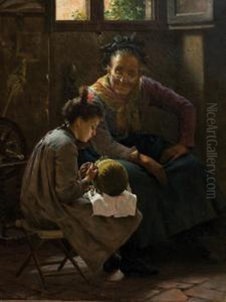 Aprendiendo A Coser Oil Painting by Pompeo Massini