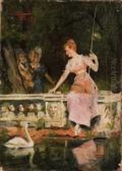 Figure Eleganti Nel Parco Oil Painting by Pompeo Massini