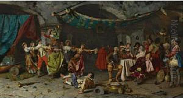 A Celebration In The Wine Cellar Oil Painting by Pompeo Massini