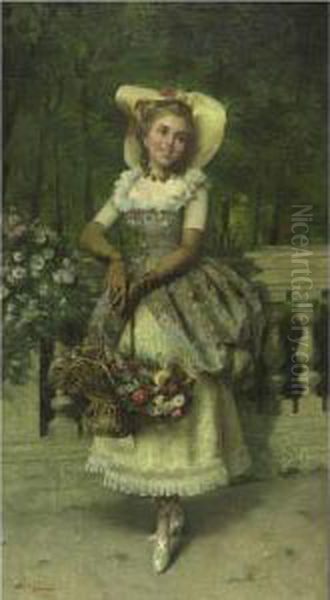 An Elegant Lady In The Park Oil Painting by Pompeo Massini