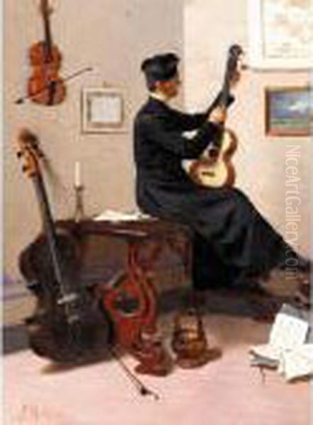 Tuning The Guitar Oil Painting by Pompeo Massini