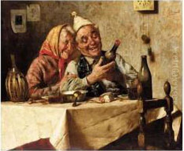 The Wine Merchant And His Wife Oil Painting by Pompeo Massini