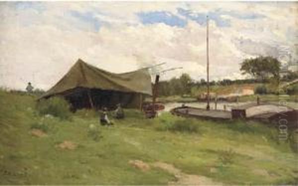 Campement Et Peniche Au Bord De La Marne Oil Painting by Jean Eugene Masse