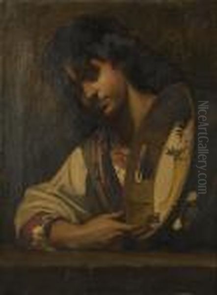 Gypsy Girl With A Tambourine. Signed Upper Left And Dated 1873. Oil Painting by Benedict Masson