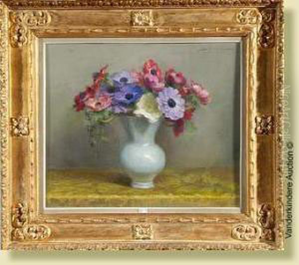 Vased'anemones, Pastel Sur 
Papier. Signe En Haut A Droite E. Masson.ecole Belge. Dim.: 50x60cm Oil Painting by Edouard Masson