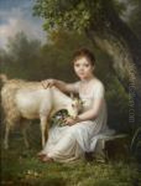 Portrait De Jeune Fille Nourrissant Sa Chevre Oil Painting by Firmin Massot