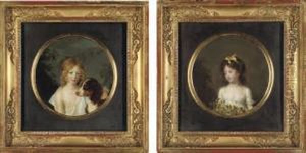 Portrait Of John Archer, 
Half-length, In A White Shirt, With A Dog By His Side; And Portrait Of 
Madame Auguste Rosset, Nee Anna Archer, Aged 8, Half-length, In A White 
Dress, A Yellow Ribbon In Her Hair, Holding An Apple Branch Oil Painting by Firmin Massot