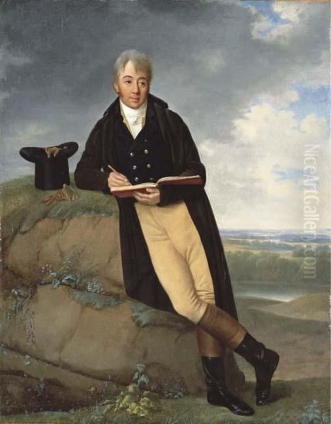 Portrait Of A Gentleman, 
Full-length, In Buff Breeches With A Dark Blue Jacket, Sketching, His 
Top-hat And Gloves On A Rock Beside Him, A Landscape Beyond Oil Painting by Firmin Massot