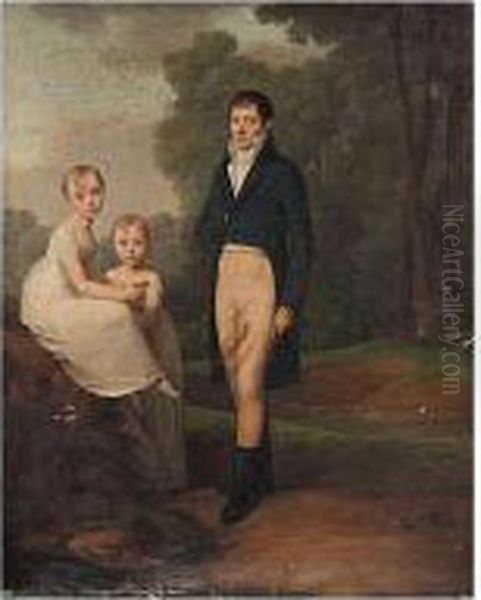 Portrait Of A Gentleman With His Two Daughters Oil Painting by Firmin Massot