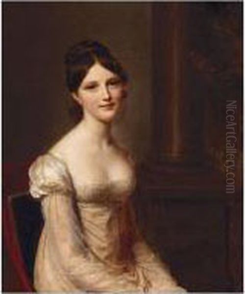 Portrait Of A Young Lady, Half Length, Seated, Wearing A Pink Dress With Columns Beyond Oil Painting by Firmin Massot